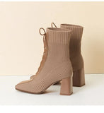 Women's Square Toe Ankle Boots Autumn Winter Fashion Stitching Knitted Elastic Stockings Boots High-heeled Short