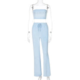 Puss Velvet Summer Women Tracksuit Rhinestone Letter Strapless Top+Straight Pants Stretch Matching Trend 2piece Set