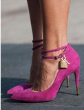 Lock High Heel Pointed Toe Pump Ankle Strap Metal Heels Padlock Pumps Low Cut-out Patchwrok Banquet Dress Shoes Plus