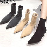 Spring Autumn Casual Cozy Black Stretch Fabric Ankle Sock Boots Women Pointed Toe Low Thin Heels Slip On