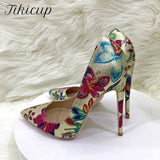 Embossed Printed Women Gold Floral Pointy Toe Elegant High Heel Shoes for Party Dress Comfortable Slip On Stiletto