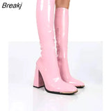 Boots Square Heel Knee-High Classic Square Toe Boots PU Leather Zip Boots Party Dress Dance Shoes Botas De