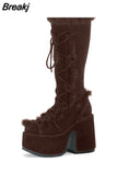 Great Quality 2023 Winter Black Brwon Gothic Chunky Platform Boots Comfy Chunky Heels Platform Keep Warm Shoes