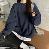 Splicing Pullover Women Autumn Winter Fleece Thick Korean Version Oversized Hoodies O Neck Long Sleeve Girl