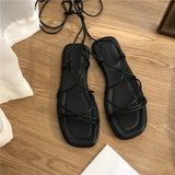 Shoes Women Sandals Narrow Band Vintage Square Toe Flat Cross Strap Thong Sandals V Shape Design Shoes