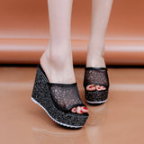 Golden Women Slippers Summer Shoes Platform 4cm Outside Fitting-room 11cm High Heels Wedges Solid Mesh Female Sliver