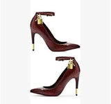 Lock High Heel Pointed Toe Pump Ankle Strap Metal Heels Padlock Pumps Low Cut-out Patchwrok Banquet Dress Shoes Plus