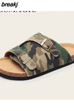 New Summer Men Camouflage Cork Slipper Canvas Non-slip Buckle Outside Beach