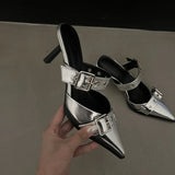 Women's Mules Sandals Slippers High Heels Pointed Toe Elegant Fashion Designer Trend 2024 Party Silver black beige
