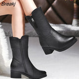 New Autumn Winter Mid-Calf Women Boots Med Heels Warm Plush Genuine Leather Boots High Quality Knee High