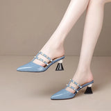 Leather Pointed Rhinestone String Bead Women Slippers Fashion Breathable Comfort High Heels Baotou Wearable
