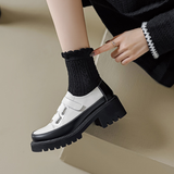 Women's Retro Small Leather Shoes Square Head Cross Strap Loafers Color Matching Versatile Fashion High Heels Mary Jane