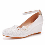 Queen White Lace Women Wedges Platform 5CM High Heels Ankle Strap Ladies Pumps Office Party Dance Wedding