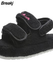 Women 2023 Autumn Fur Sandals Fashion Cozy Plush Gladiator Sandals Hook Loop Casual Ladies Slippers Platform Fuzzy Cotton