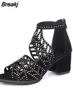 Women Summer Hollow Out Zipper Open Toe Thick Heel Sandals Casual Gladiator Shoes Platform Diamond