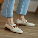 Real Leather Women Pumps Fashion Chain Thick Heels Shoes For Woman Casual Loafers Office Lady Daily Footwear Size
