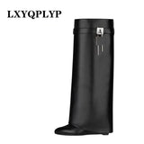 Lock Pants Boots Women's Wedge Boots Black Fold Knee High Heel Boots Padlock Women's Botas Mujer Oversize Shoes