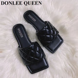 Size 35-41 Slippers Women Flat Square Toe Slides Beach Flip Flops Fashion Embroidery Sandal Gingham Slipper Apple Green