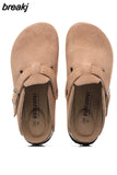 New Men Closed Toe Cork Slippers Casual Women Buckle Non-slip Comfortable Nubuck Leather Outside Slide