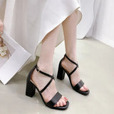 Big Plus Women PU Leather Sandals Black White Beige Pink Block High Heels Ankle Strap Buckle Sandal Elegant Ladies