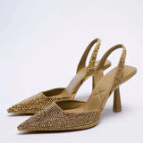 New Sandals Women's High-heeled Shoes Pointed Toe Back High-heeled Colorful Diamond Bright Women's