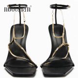Gladiator Sandals Summer High Heels Sandal Shoes Fashion Gold Chain Sexy Thin High Heel Pumps Square Toe Shoes