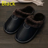 Men Slippers Black New Autumn PU Leather Slippers Warm Indoor Slipper Waterproof Home Shoes Men Warm Leather
