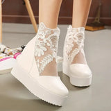 Women Crochet Lace Zipper Design Wedge Sandals High Heel Casual Ethnic Open Toe Platform Height Increasing Chunky Ladies