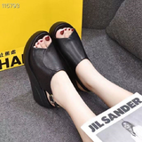 New Women's Fish Mouth Sandals Wearing Slope Heel Leather Clasp for Simple and Comfortable Thick Sole Shoes for