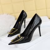 Breakj Korean Version Of Fashion And Slender Thin Heel Shallow Pointed Metal Buckle Single Shoes Women's High