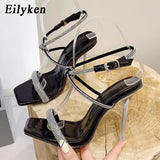 Gold Silver Crystal Stiletto High Heel Women Sandals Sexy Square Toe Buckle Strap Wedding Prom Shoes Designer