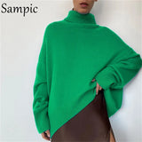 Green Women Y2K Knitted Tops 2021 Winter Long Sleeve Pullovers Knitwear Sweater Jumpers Casual Solid Turtleneck