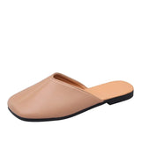 Women Mules 2022 Summer New Elegant Square Closed Toe Flat Slippers Female Shoes Casual Leather White Slides Plus Size
