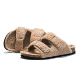 New Winter Plush Inside Women Slipper Casual Fashion Home Buckle Artificial Fur Slip on Soft Slides