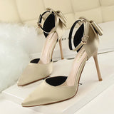 Breakj Korean Version Of Sweet Women's Shoes Fine Heel High Heel Shallow Mouth Pointed Silk Hollow Bow After A Word With
