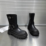 Boots Square Heel Round Toe Gothic Shoes for Women Autumn Medium Heel Women's Shoes Motorcycle Footwear Botas De
