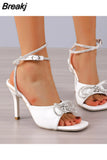 New Fashion Women's High Heel Bow Rhinestone Large Sandals Thin High Heel Sandals Summer Party Evening Dress