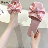 New Summer Sexy Satin Cloth Bow Wedding Bridesmaid Flat Comfortable Fashion Opened Toe Slippers Female Wedding