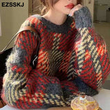 sweater plaid blue oversize Sweater Pullovers Women winter autumn thick O-neck chic 2021 sweater long sleeve