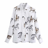 Horse Print Turndown Collar Satin Shirt Female Long Sleeve Blouse Casual Lady Loose Tops Blusas