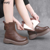 2023 Women Snow Boots 100% Genuine Leather Natural Wool Fur Platform Mid Calf Boots For Women Winter Warm