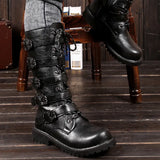 Men's Leather Motorcycle Boots Punk Chain Mid-calf Platform Boots Gothic Military Combat Boots for Men Biker Boots