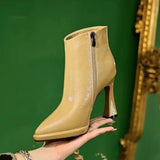 Spring Autumn Pointed Solid Waterproof Platform Leather High Heel Zipper Versatile and Comfortable Naked Boots for