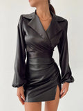 Satin Shirts Office Lady Lantern Sleeve Turn-down Collar Fall Bow Tie Women's Elegant Fashion Padded Shoulder Top