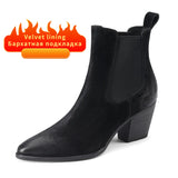 Ankle Boots for Women Luxury Genuine Leather Block High Heel Elastic Band Short Booties Goth Brown Black Shoes