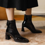 Breakj Zi Yan Paint Leather Martin Boots Women's High Heel 2023 Autumn And Winter New Square Head Thick Heel Single Boots Show Thin Short Leg