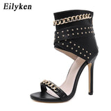 2023 New Rivet Metal Decoration Cover High Heels Sandals Boots For Women Party Gladiator Black Ladies Shoes Size