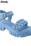 Trend Women Candy Color Sandals Summer Platform Chunky Heels Open Toe Solid Weave Buckle Strap Ladies Punk Shoes
