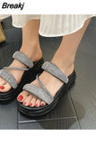 Korean Style Women's Slippers Indoor Shoes Solid Color with Glitter for Home and Beach Black/White Bling Flip
