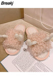 Shoes Women Winter Indoor Warm Cotton Closed Toe Slippers Home Cartoon Giraffe Plush One-word Slippers Chinelos